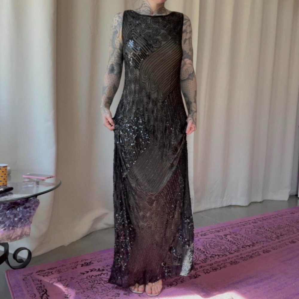 Vintage Designer Silk Black Maxi Dress Women's Black Dress